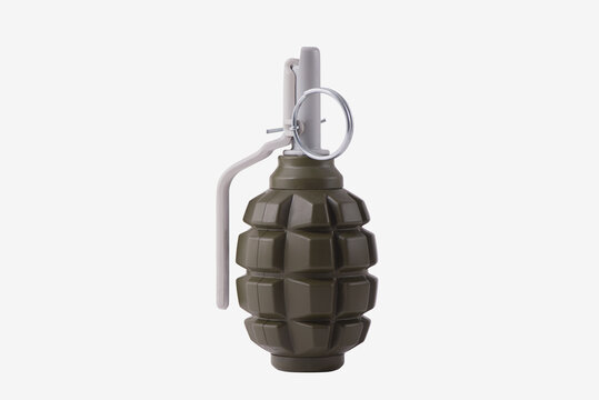 Military Grenade Isolated on White Background Studio Shot. Hand grenade f1 isolated on white, ideal for military, tactical gear, airsoft, and safety-training content.