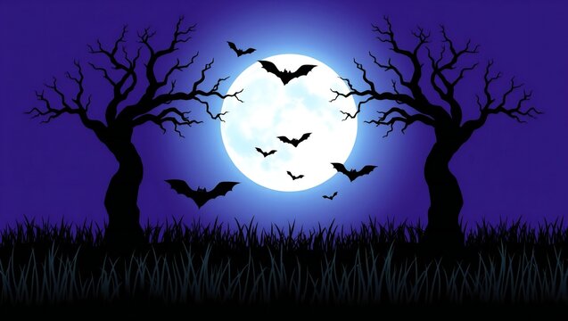 Pixel art halloween scene with bats flying in front of a big full moon and dark spooky trees at night