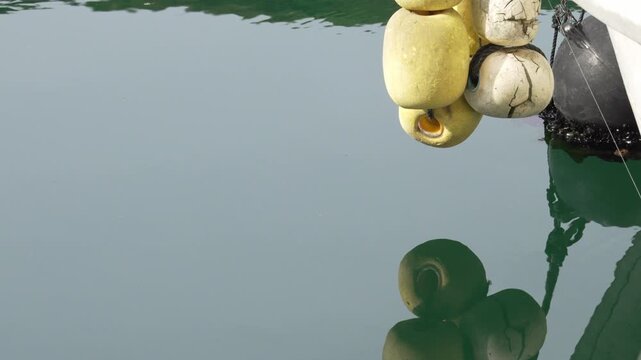 4K cinematic footage close up of colorful fishing floats and mooring ropes on the water surface