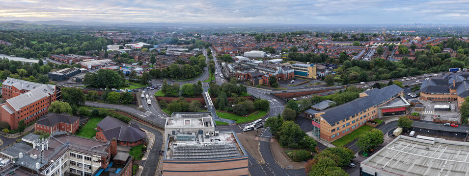 Panorama of Oldham Way Roundabout Junction and Distant Manchester Skyline