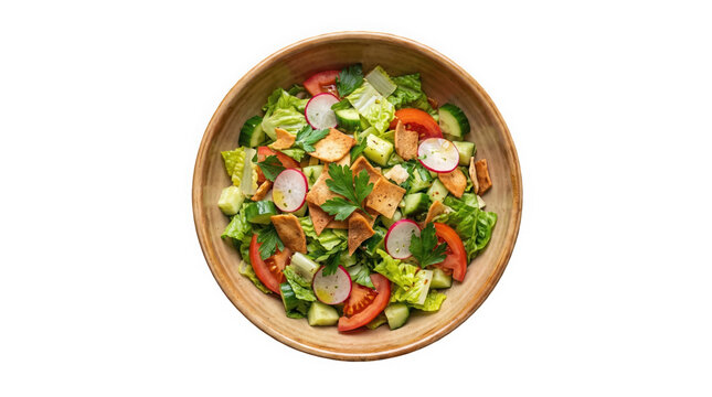 A vibrant green fattoush salad with crispy pita bread is isolated on transparent background, perfect for healthy culinary menu designs