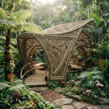 Beautiful bamboo structure nestled within a lush tropical rainforest garden with a wooden bridge and exotic plants