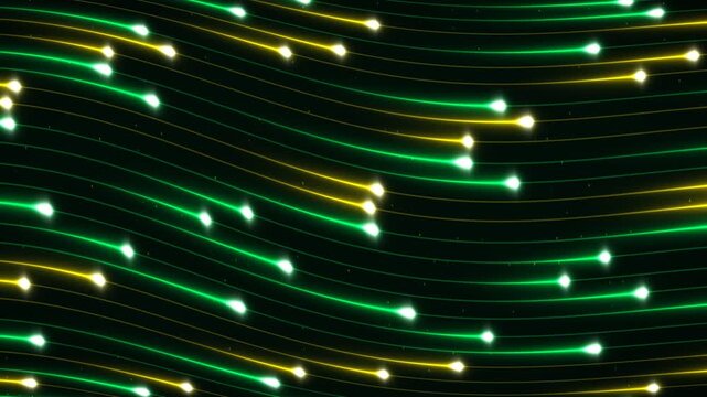Abstract digital background with glowing green and yellow fiber optic light trails representing high speed data transfer and technology concept