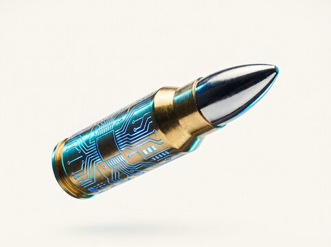Pair of Floating Futuristic Rifle Bullets with Glowing Microchip and Binary Code Circuit Patterns, 