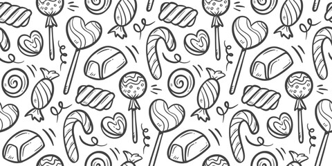 Fototapeta premium Candy doodle background. Sweet pattern background. Lollipop seamless pattern. Confectionery hand drawn pattern with various candy shapes including candy cane, swirl, lollipop.