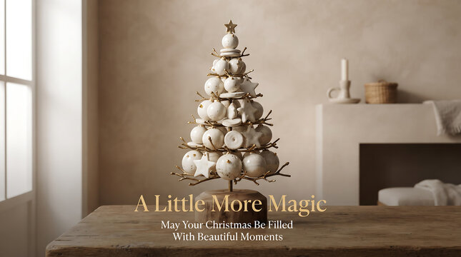 Minimalist white and gold christmas tree decoration on a wooden table in a cozy home interior