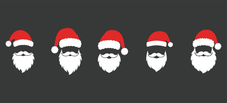 Set of santa claus hats and white beards dark background, christmas holiday vector icons collection