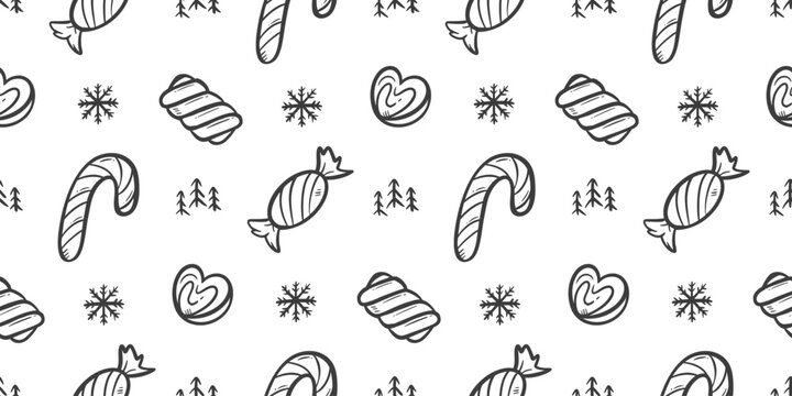 Candy doodle background. Sweet pattern background. Lollipop seamless pattern. Confectionery hand drawn pattern with various candy shapes including candy cane, swirl, lollipop.