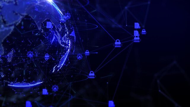 Global Cyber Threat and Data Breach Risk Concept. Digital World Network Security Under Attack with Glowing Padlock, High-Tech Server Shield, and Business Cybercrime Protection Animation. 