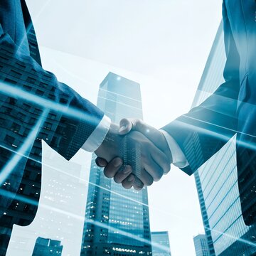 Double Exposure Business Handshake with City Skyline and Digital Technology Lines