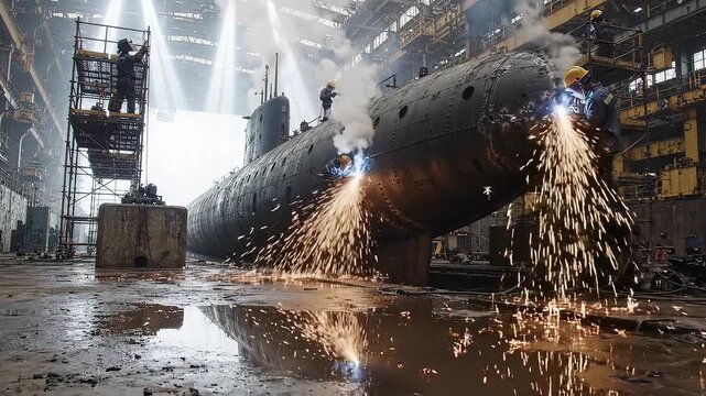 Massive submarine repair in dry dock with industrial welding sparks, heavy naval engineering and shipyard maintenance
