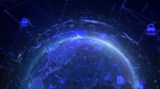 Digital Globe with Illuminated Padlock Icon Representing Global Security Network Connection. World Network Lock Protection, Cyber Defense, and Data Privacy Concept. Futuristic 3D  4K Motion.