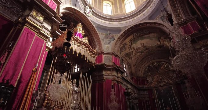 Low Angle Tilt Up View of Ornate Altar, Red Damask Drapery, and Church Dome Interior, Rabat, Malta