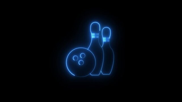 Glowing neon Bowling pin and ball icon isolated on black background. Juggling clubs, circus skittles Sport equipment. 4K Video motion graphic animation ...