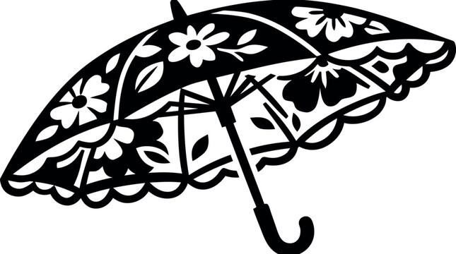 Vintage style black and white line art illustration of a decorative floral parasol or umbrella