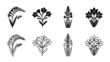 Obraz premium Floral Silhouettes: A collection of elegant floral silhouettes, featuring distinct botanical illustrations of various flowering plants, presented in a graphic, artistic style.