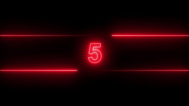 Glowing neon number 5s to 0s countdown timer between light lines isolated on dark background