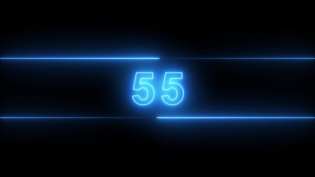 Glowing neon number 60s to 0s countdown timer between light lines isolated on dark background