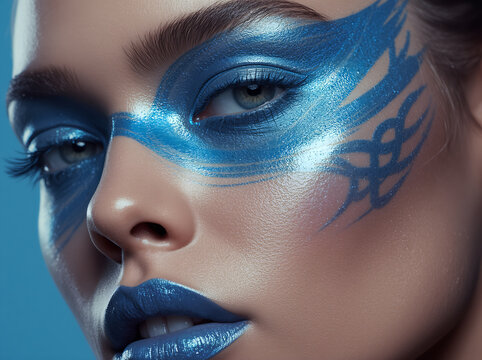 Extreme close-up of Luminous Blue metallic fantasy makeup with glossy lips and eye art, capturing bold 2027 beauty trends for editorial and cosmetic concepts.