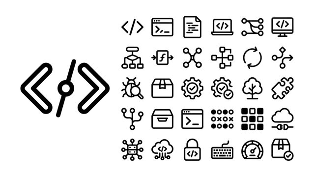 Coding Icons Set: A collection of minimalist line icons representing various aspects of software development, programming, and technology.