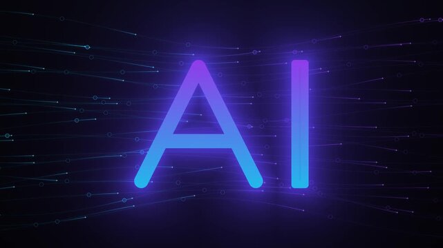 Glowing neon AI text for artificial intelligence technology and digital machine learning concept on dark abstract background with light trails