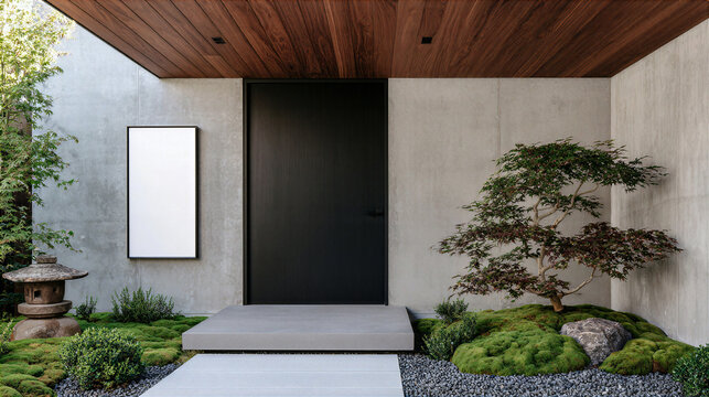 Minimalist architectural facade with black wooden door concrete wall framed panel cedar ceiling bonsai tree moss garden stone path and tranquil modern entrance