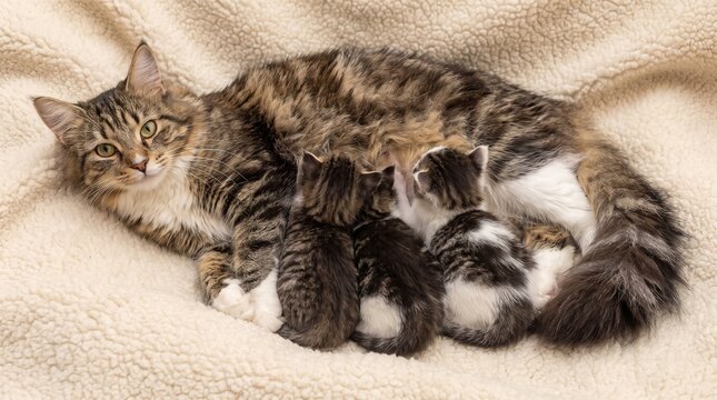 Mother cat nursing kittens on soft beige blanket in cozy home setting