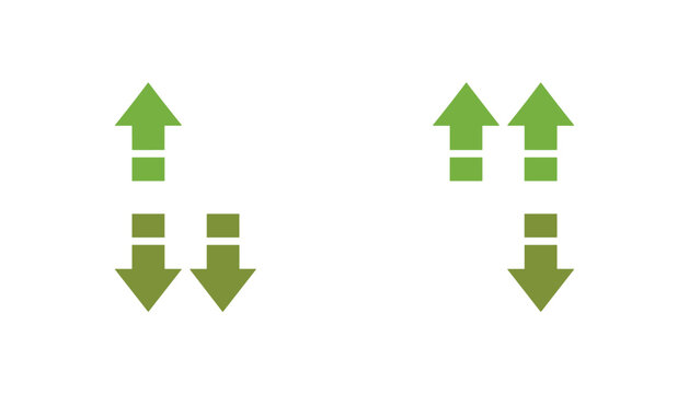 Green arrow diagrams showing upward and downward directions with block segments representing financial statistics or growth.