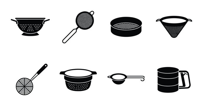 Kitchen Strainers and Sieves Collection, Cooking Utensils Vector Set, Food Preparation Tools