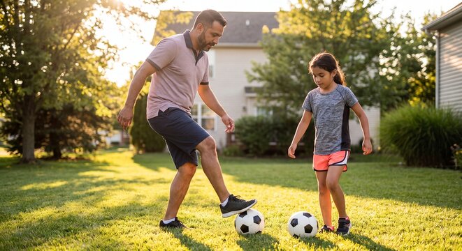 Father daughter soccer football backyard playing garden ball sunset training ideal for sports brand advertising active family promotions fitness websites and youth coaching campaigns