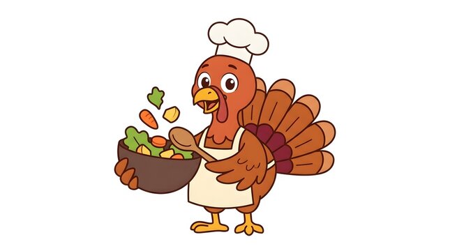 A charming cartoon turkey chef complete with a chef's hat and apron prepares a delicious thanksgiving feast for all to enjoy