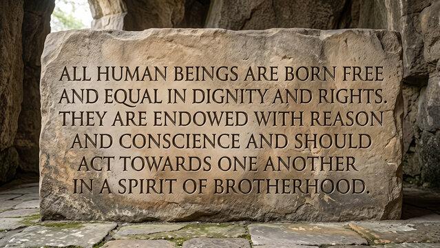Universal Declaration of Human Rights engraved on a weathered stone monument expressing equality, freedom, and brotherhood