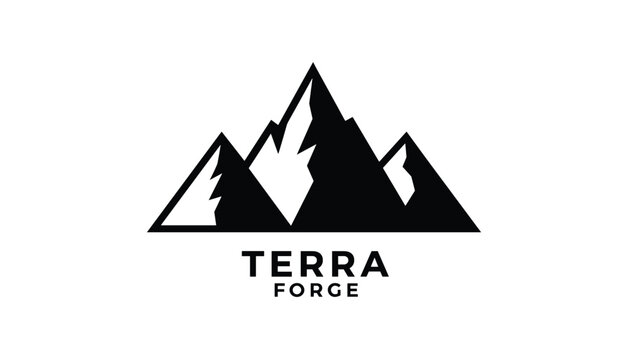 Elegant black and white mountain logo featuring stylized sharp peaks and bold text reading Terra Forge below.