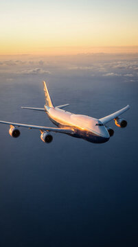 Iconic Four-Engine Commercial Airliner Flying Over Ocean at Golden Hour
