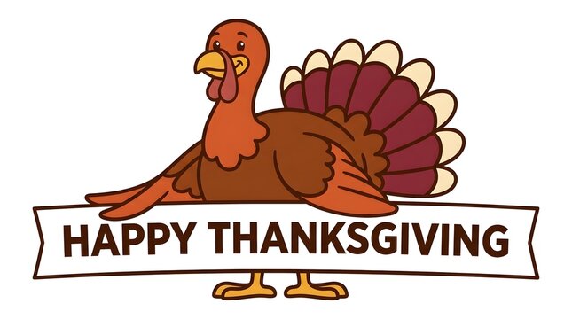 A delightful cartoon illustration of a thanksgiving turkey with a festive 'happy thanksgiving' banner perfect for seasonal greetings