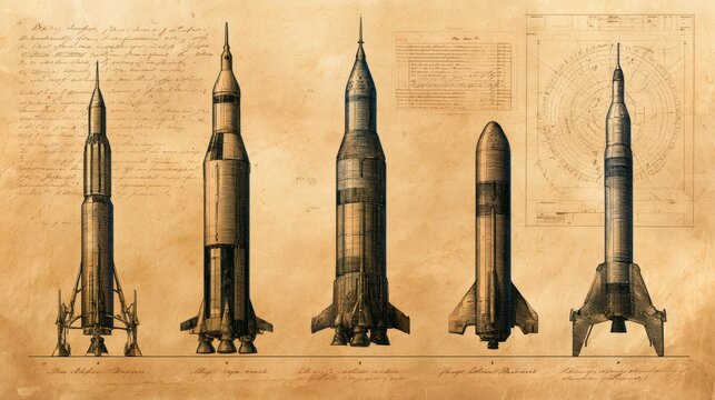 Vintage technical drawing showing detailed side views of five different rocket designs on aged paper with handwritten notes and diagrams.