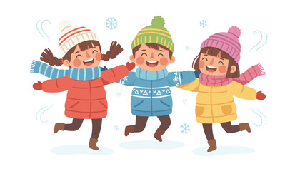 Fototapeta premium Three happy children jumping and laughing in the snow while wearing colorful winter coats, hats, and warm scarves.