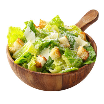 Fresh Caesar salad in wooden bowl, romaine lettuce and croutons with parmesan dressing, healthy lunch food photo isolated PNG with Transparent Background