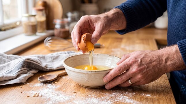 Egg cracking hands bowl yolk kitchen cooking baking food preparation Hands break a brown egg into a cream mixing bowl beside a whisk on a wooden counter for home baking recipes and cooking classes