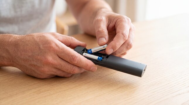Battery remote replacing hands compartment electronics control power device maintenance Hands lower a battery into a dark remote with the rear cover open for household electronics maintenance guides
