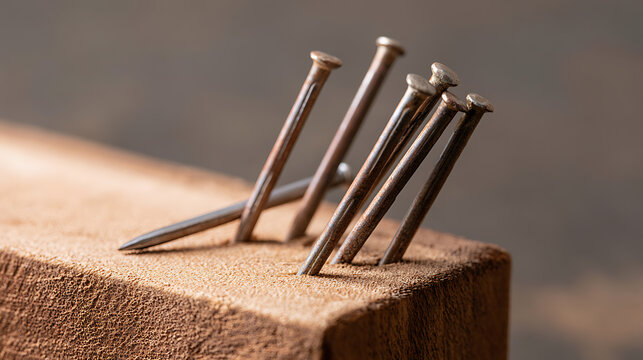 Close up of metal nails inserted into a wooden beam in a workshop setting, symbolizing construction, carpentry, craft, and industrial work
