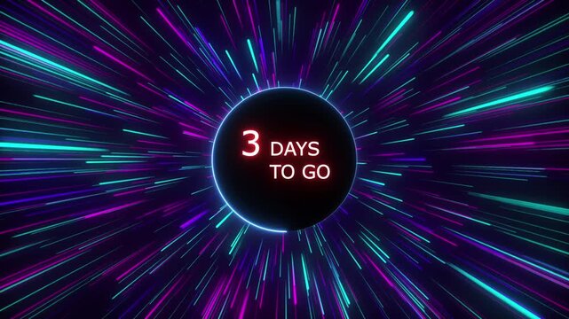 Neon 3 days to go animation. Neon counting number animation 3 days to go. line glowing on a black background. and creating a stunning 4k video.