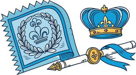 A blue wax seal stamp with a fleur de lis emblem, a royal crown, and a fountain pen with a blue ribbon on a plain white background surface © Johir