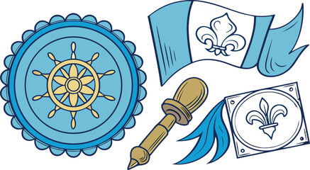 A blue circular wax seal with a ship wheel, a flag with a fleur de lis, a wooden handle stamp, and a square seal with a fleur de lis emblem © Johir