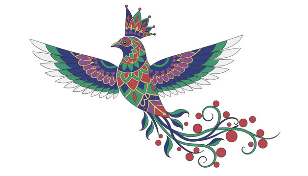 Exquisite mandala style illustration of a magical bird of paradise with colorful feathers and a golden crown.