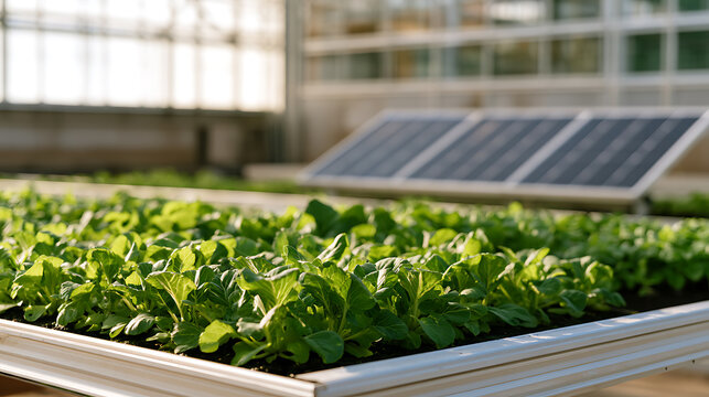 Fresh green lettuce Lactuca sativa seedlings grow inside a modern greenhouse equipped with solar panel technology for sustainable agriculture