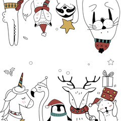 Fototapeta premium Hand drawn animals enjoying a Christmas holiday