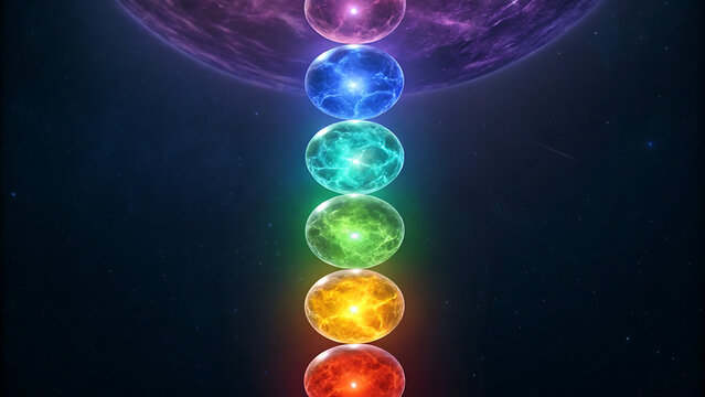 Seven glowing chakra energy spheres aligned vertically in dark cosmic space with vibrant gradient lighting