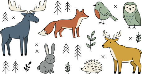 Fototapeta premium Cute woodland wildlife illustration set featuring moose, fox, birds, owl, rabbit, deer, hedgehog, pine trees and botanical elements