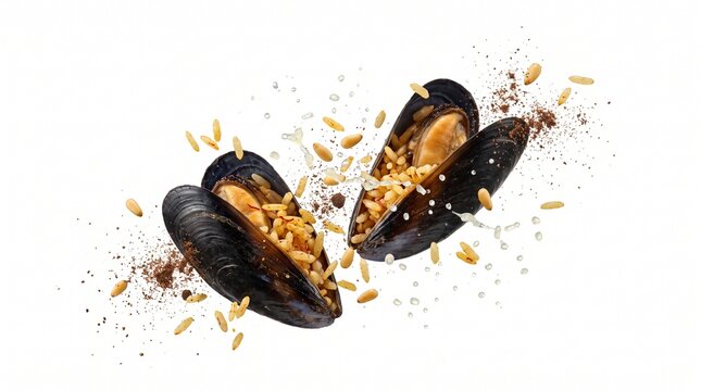 Flying Turkish stuffed mussels midye dolma exploding in mid air with splashing rice pine nuts and lemon juice on white background